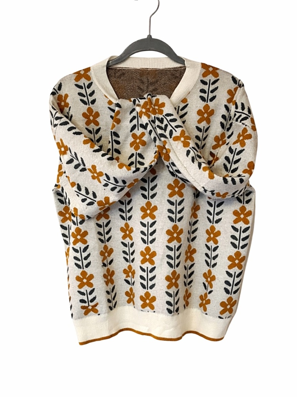 Cozy Floral Pattern Knit Sweater | Cream & Mustard | Women’s Casual Pullover-L - Picture 2 of 3